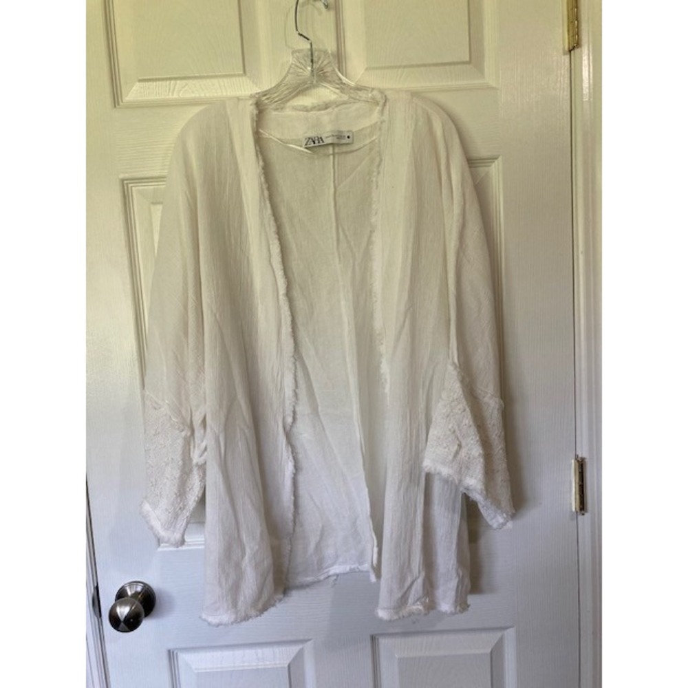 Zara White Women's Kimono Duster Cover-Up M/L Boho Chic Resort Wear Vacation